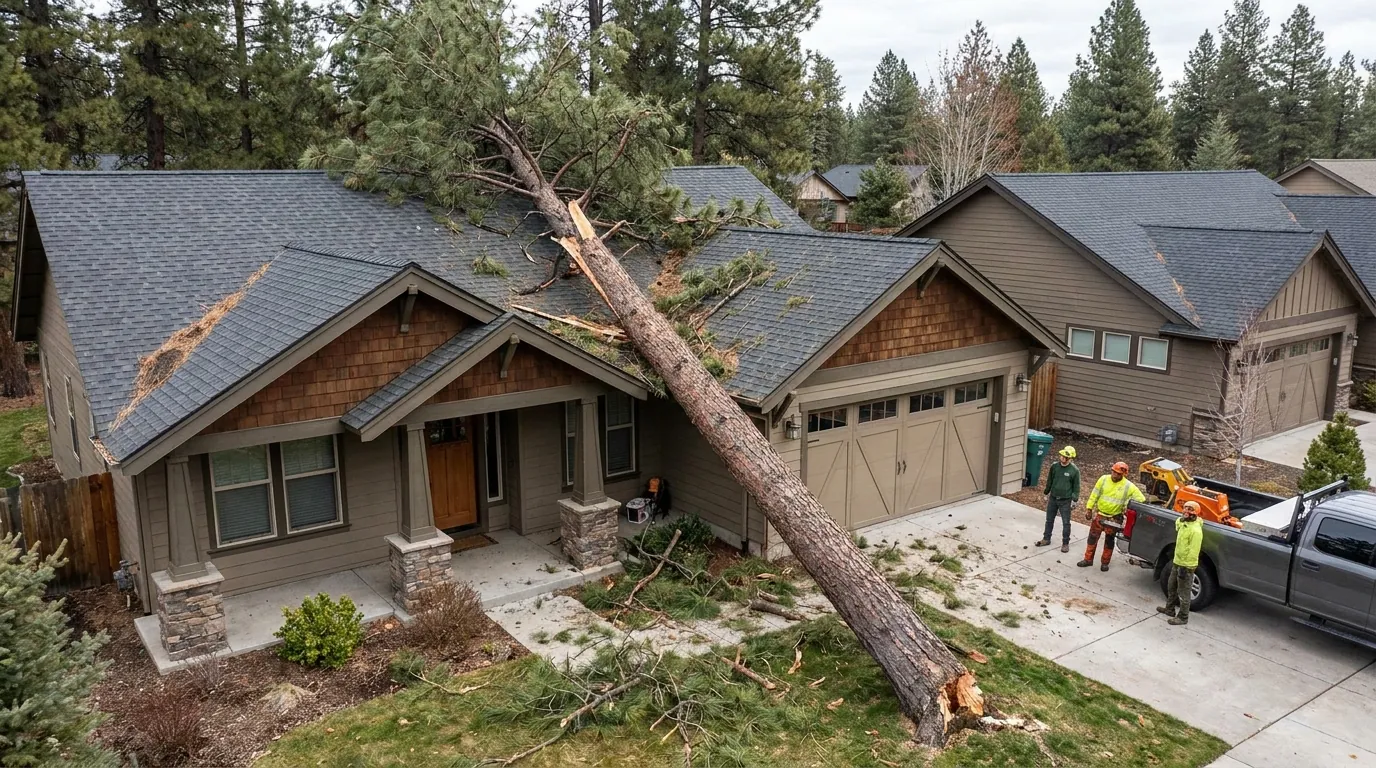Storm-damaged tree leaning against a roof in Bend