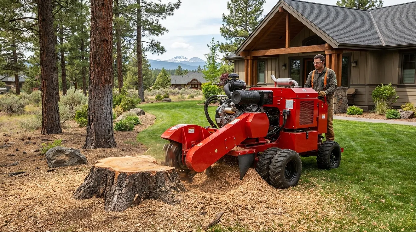 Stump grinder working a tree stump in a Bend yard
