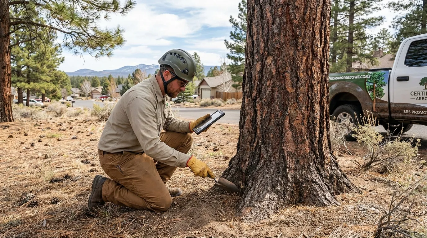 Arborist inspecting the base and trunk of a pine in Bend
