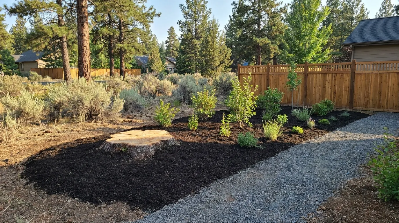 A ground stump and freshly restored planting area on a Bend property
