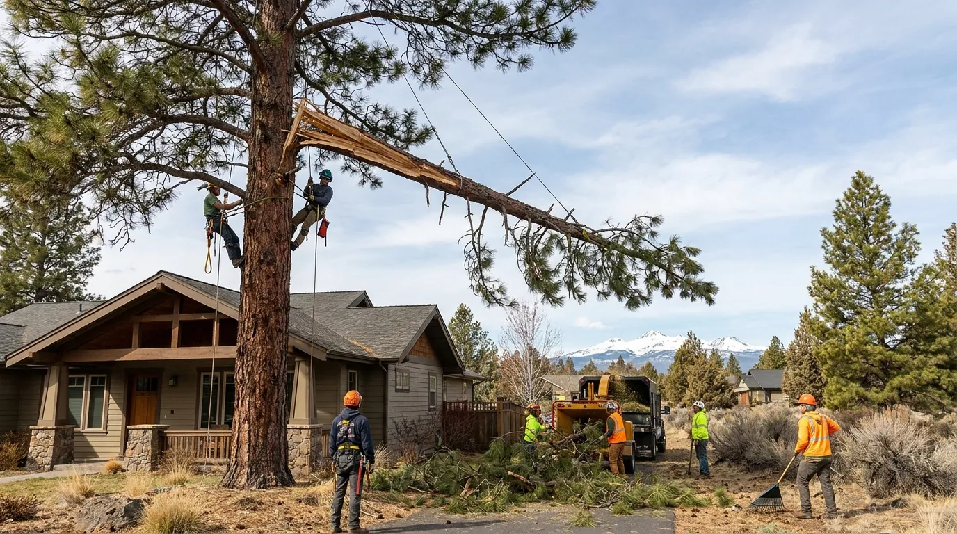 A pine with a broken limb being cabled and cleaned up after a Bend windstorm