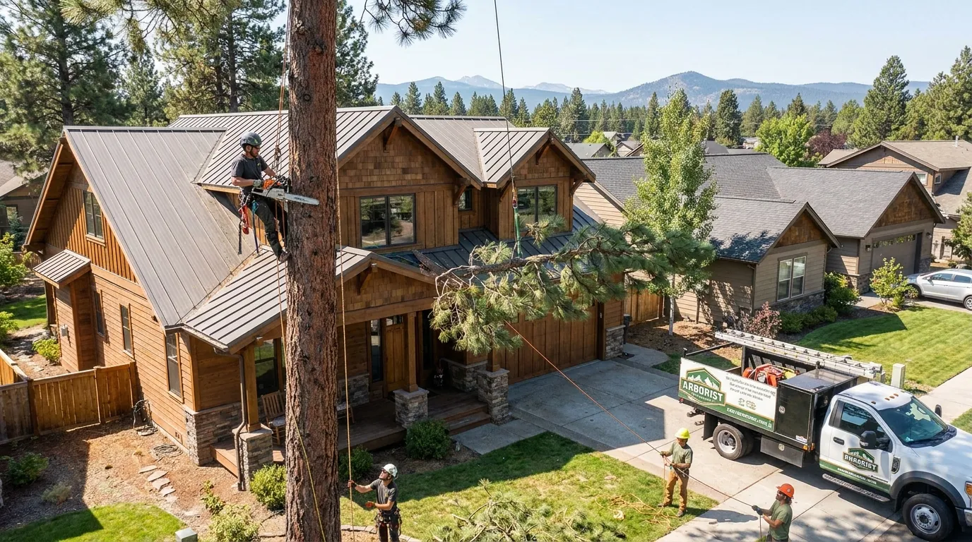 Climber sectioning down a large pine beside a Bend home