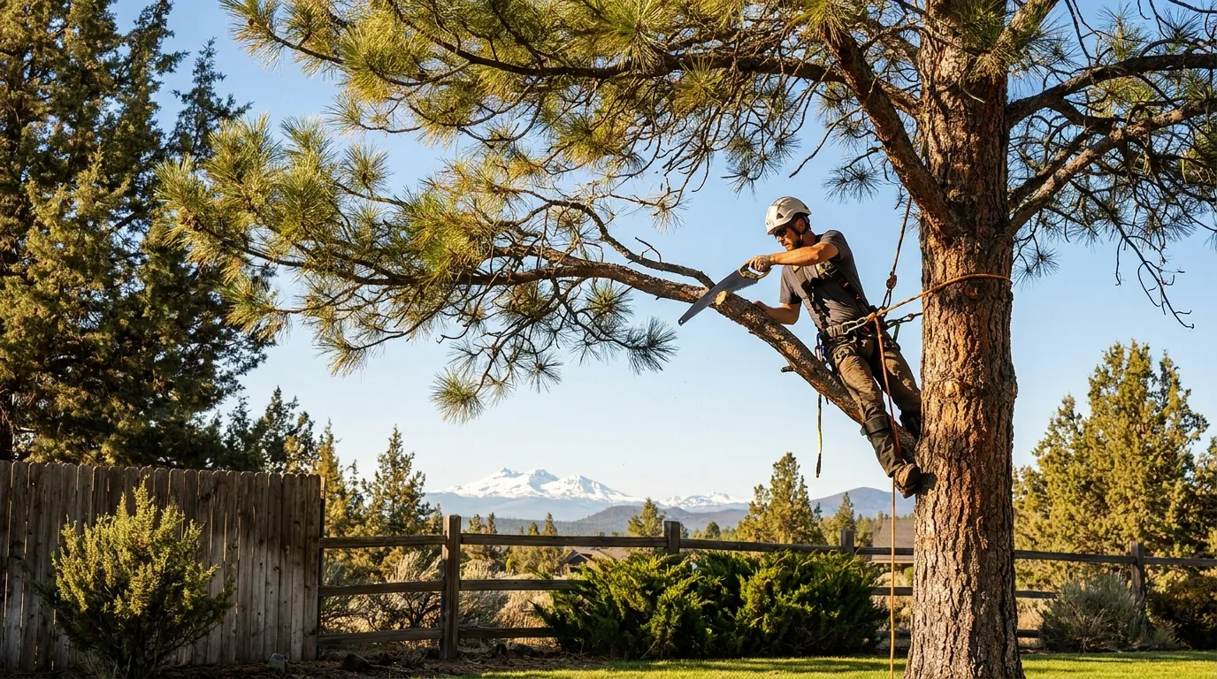 Arborist pruning a pine canopy on a Bend property
